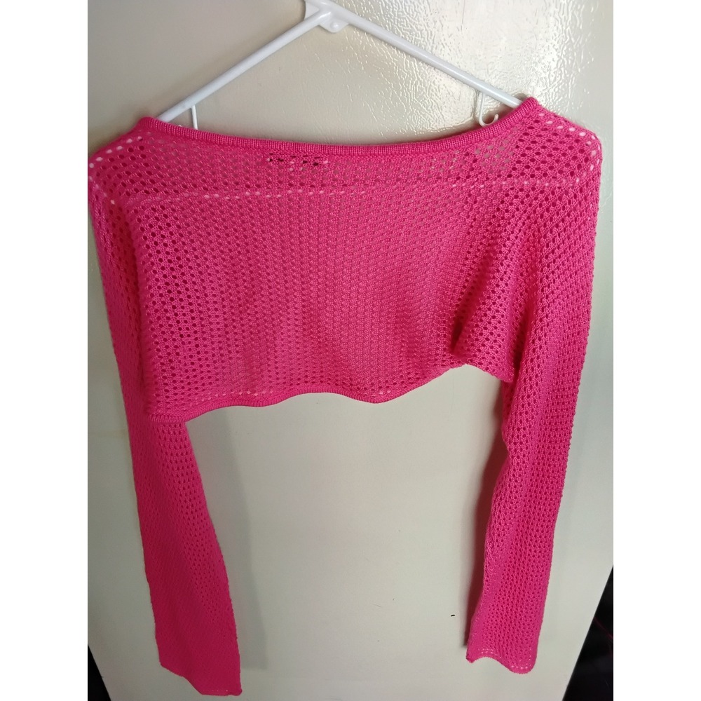 Love Tree Womens Hot Pink Crochet Knit Shrug Bolero Open Mesh Cropped Sweater L - Picture 3 of 4